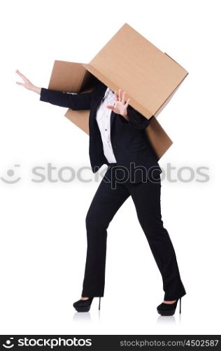 Woman with lots of boxes on white