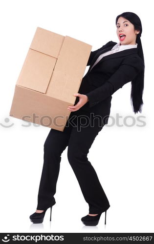 Woman with lots of boxes on white