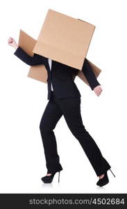 Woman with lots of boxes on white