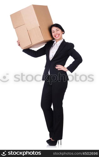 Woman with lots of boxes on white