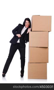 Woman with lots of boxes on white