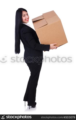 Woman with lots of boxes on white