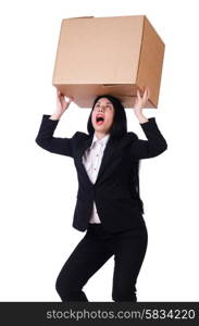 Woman with lots of boxes on white