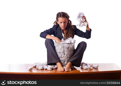 Woman with lots of discarded paper