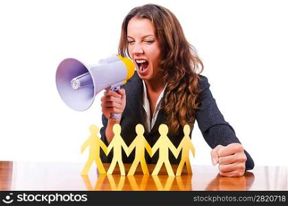 Woman with loudspeaker and paper cut people
