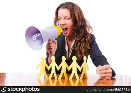 Woman with loudspeaker and paper cut people