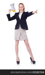 Woman with loudspeaker isolated on the white