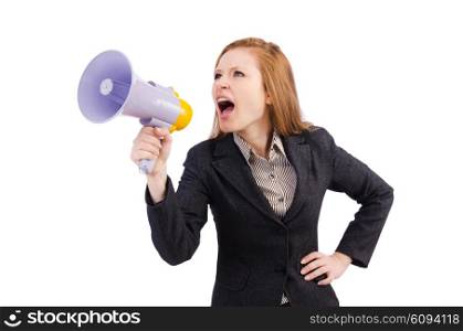 Woman with loudspeaker isolated on the white