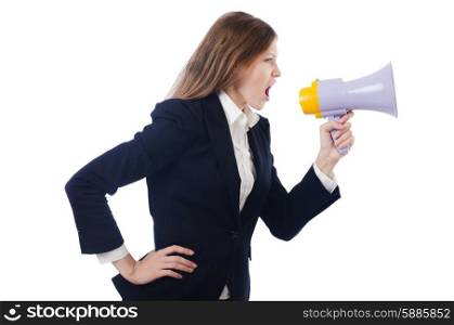 Woman with loudspeaker on white