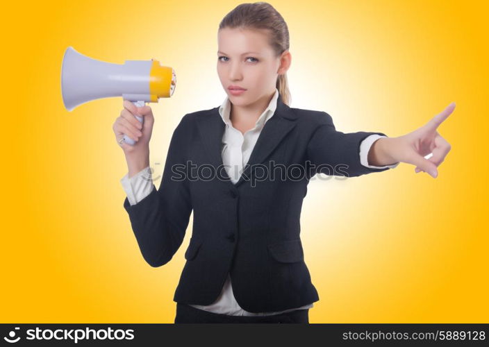 Woman with loudspeaker on white