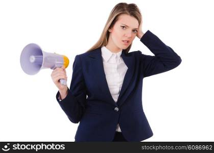 Woman with loudspeaker on white