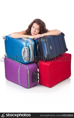 Woman with luggage isolated on the white