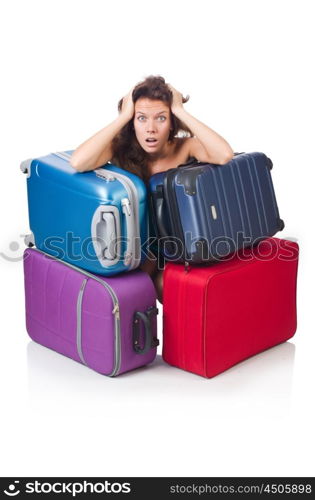 Woman with luggage isolated on the white