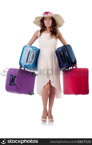 Woman with luggage isolated on the white
