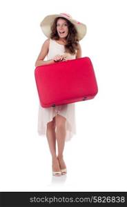 Woman with luggage isolated on white