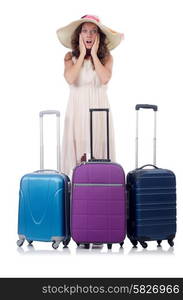 Woman with luggage isolated on white