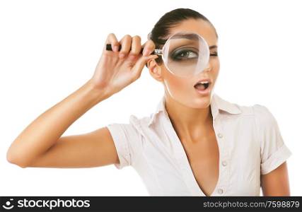 woman with magnifying glass on white background