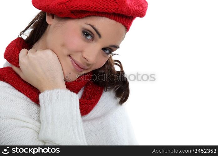 Woman with matching scarf and bonnet
