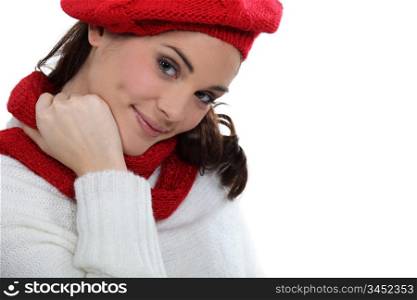 Woman with matching scarf and bonnet