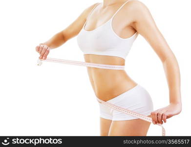 woman with measure on sporty body on white background