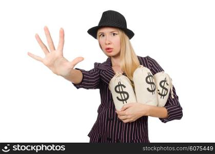 Woman with money sacks isolated on white