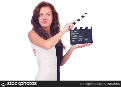 Woman with movie board isolated on white