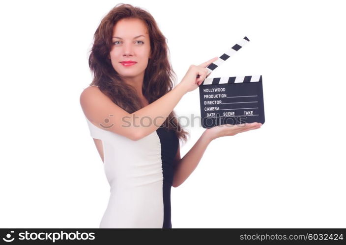 Woman with movie board isolated on white