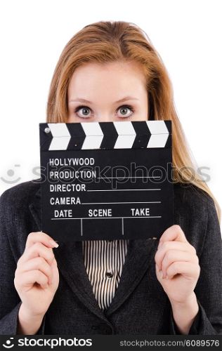 Woman with movie board isolated on white