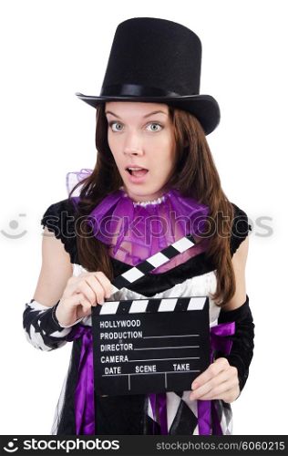 Woman with movie board on white