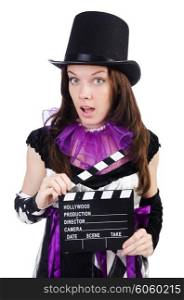 Woman with movie board on white
