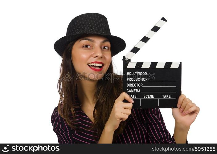 Woman with movie clapboard isolated on the white