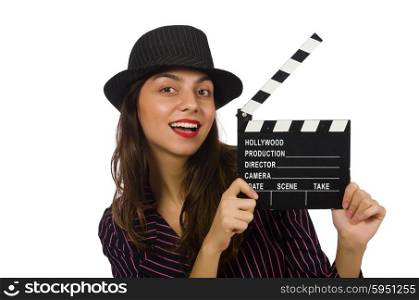 Woman with movie clapboard isolated on the white