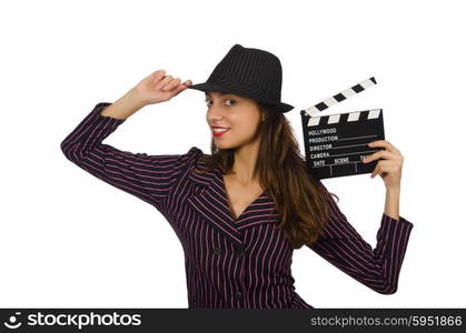 Woman with movie clapboard isolated on the white