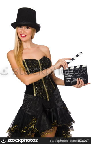 Woman with movie clapboard isolated on white