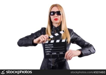 Woman with movie clapper on white