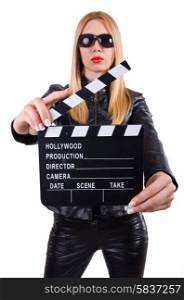 Woman with movie clapper on white