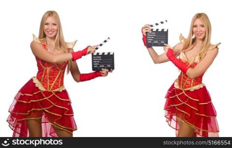Woman with movie clapperboard isolated on white
