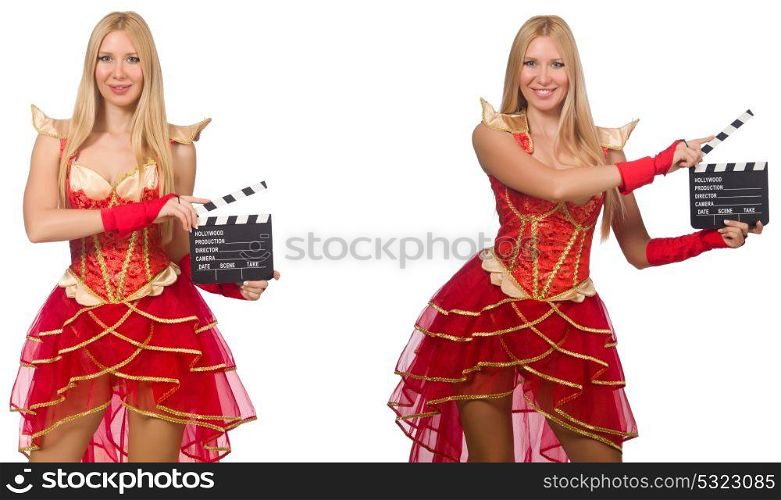 Woman with movie clapperboard isolated on white
