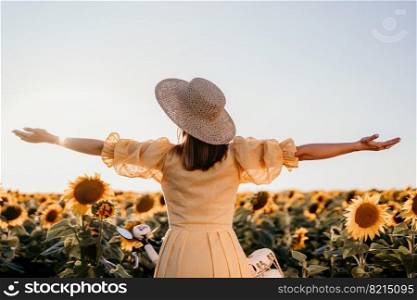Woman with open arms in sunflowers field. Yellow colors, warm toning. Free girl in straw hat and retro dress. Vintage timeless fashion, amazing adventure, countryside, freedom scene.High quality photo. Unrecognizable woman with open arms in sunflowers field. Yellow colors, warm toning. Free girl in straw hat and retro dress. Vintage timeless fashion, amazing adventure, countryside, rural scene
