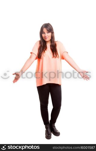 Woman with open hands asking sorry, isolated