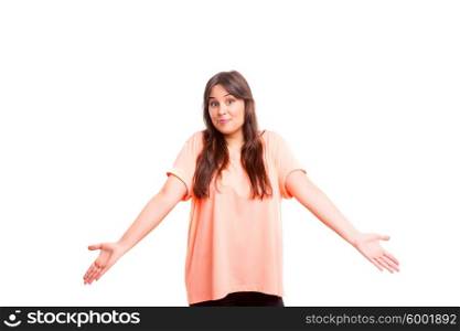 Woman with open hands asking sorry, isolated