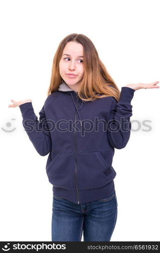 Woman with open hands asking sorry, isolated