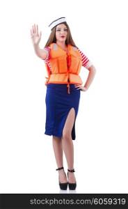Woman with orange vest isolated on white