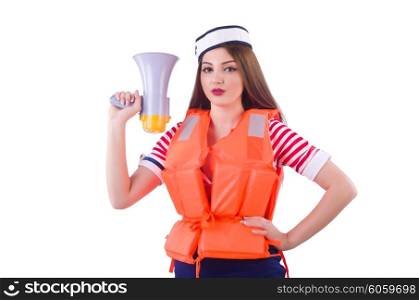 Woman with orange vest isolated on white