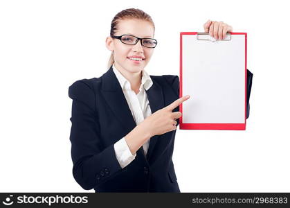 Woman with pad isolated on white