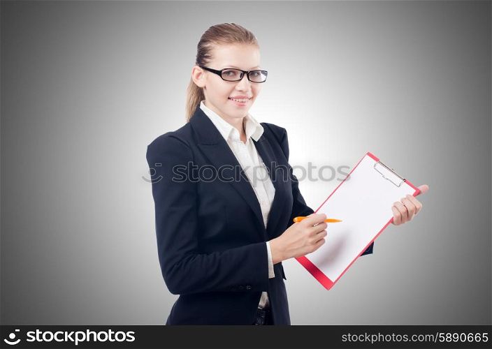 Woman with pad isolated on white