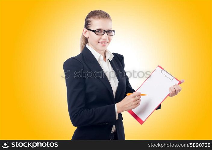 Woman with pad isolated on white