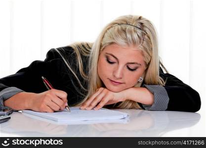 woman with paper and pen to write a letter.