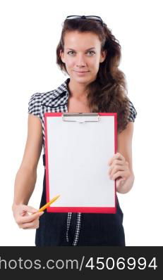 Woman with paper binder isolated on the white