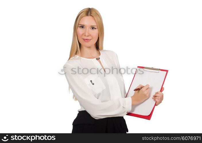 Woman with paper binder isolated on the white